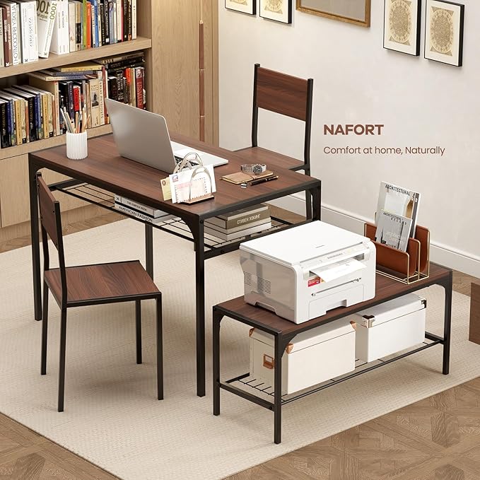 NAFORT 4-Piece Dining Table Set for 4, Industrial Kitchen Table with 2 Chairs & Bench, Rustic Wood Dining Set with Metal Frame & Storage Shelves, Space-Saving Dining Furniture for Apartment