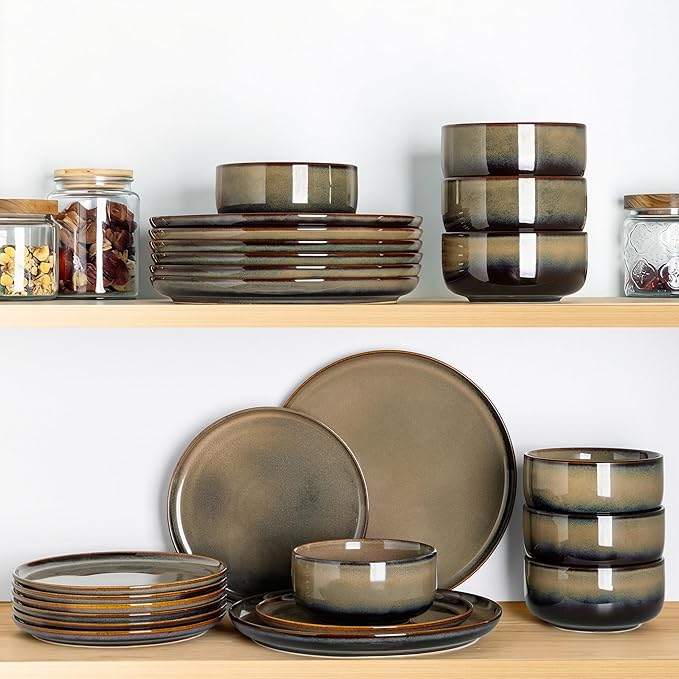 TheTerra Ceramic Dinnerware Sets for 8, 24 Pieces Handmade Reactive Glaze Plates and Bowls Set, Scratch Resistant Dish Set, Oven & Microwave & Dishwasher Safe, Cocoa Clay
