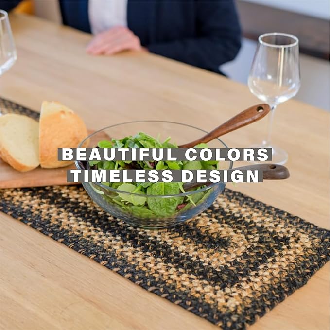Homespice Kilimanjaro Jute Braided Long Table Runner, Warm Primitive Decor, Black and Brown Rectangle 11x36 - Rich Colors, Easy to Clean, Durable and Protects Furniture