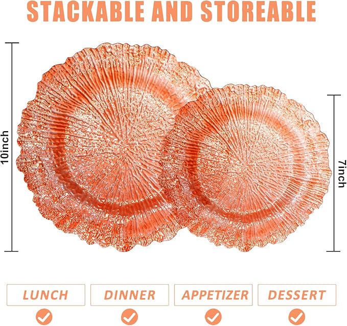 U-QE 60PCS Clear Orange Plates - Reef Orange Plastic Plates Disposable&Reusable - Heavy Duty Plastic Plate Including 30 Dinner Plate 10" & 30 Dessert 7" Perfect for Party