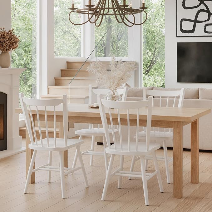 HNY White Windsor Dining Chairs Set of 4, Farmhouse Wooden Kitchen Chairs with Spindle Back, Mid Century Modern Armless Kitchen Side Chair for Dining Living Room Restaurant