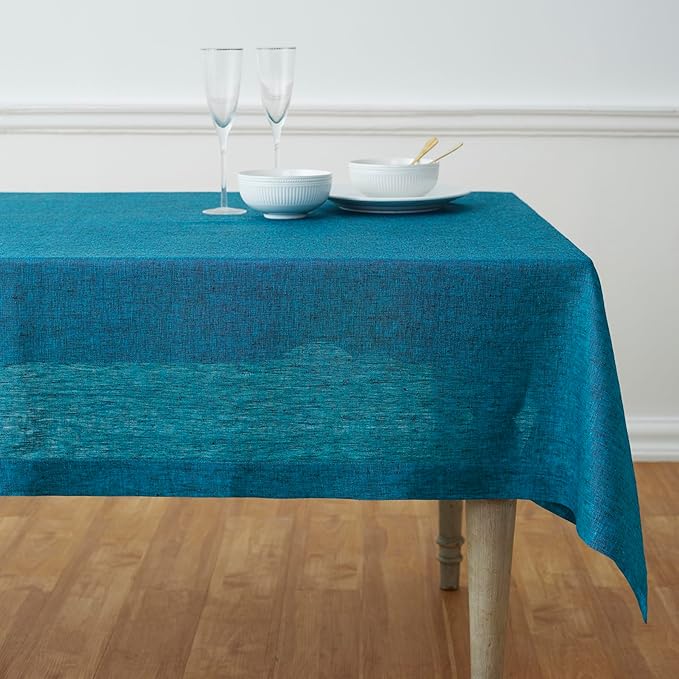 Solino Home Linen Tablecloth 60 x 144 Inch - 100% Pure Linen Chambray Teal Table Cloth for Rectangle Tables - Athena, Machine Washable Tablecloth for Spring, Easter, St Patricks Day
