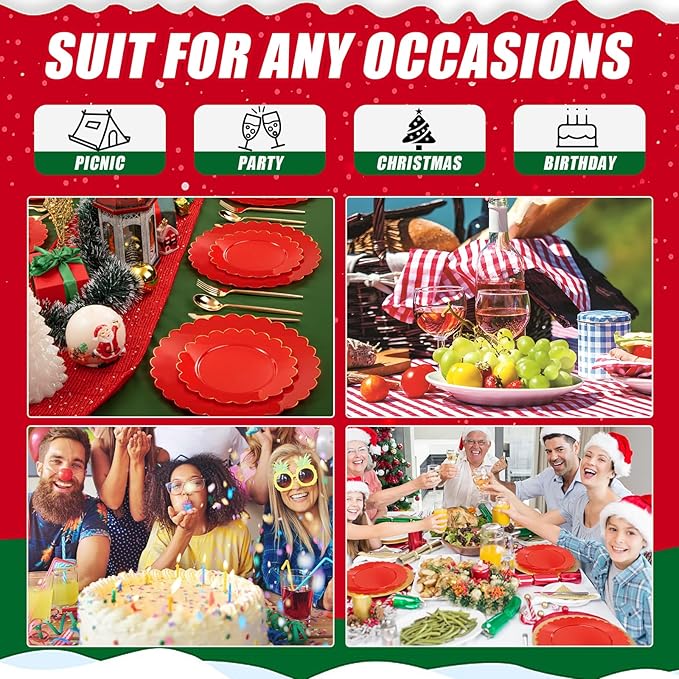 SUT 72 Pcs Red Plates Disposable, Red Plastic Plates With Gold Trim, 10.25 Inch red Dinner Plates, Fancy Plastic plates, plates Disposable Heavy Duty for Wedding, Parties