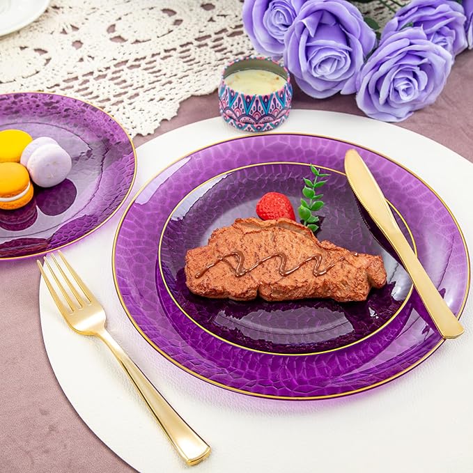 Hioasis 60pcs Purple Plastic Plates - Gold Rimmed Disposable, Hammered, Heavy-duty Dinnerware Set Suitable for 30 Guests, 10.25" Dinner & 7.5" Dessert Plates for Party & Wedding