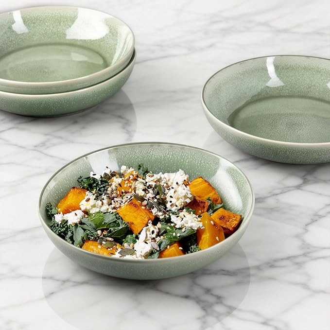 AmorArc 8.5'' Large Ceramic Pasta Bowls Set, 36oz Stoneware Bowls Set of 6 for Kitchen, Reavtive Glaze Bowls-Microwave,Dishwasher Safe for Pasta,Salad,Oatmeal-Olive Green