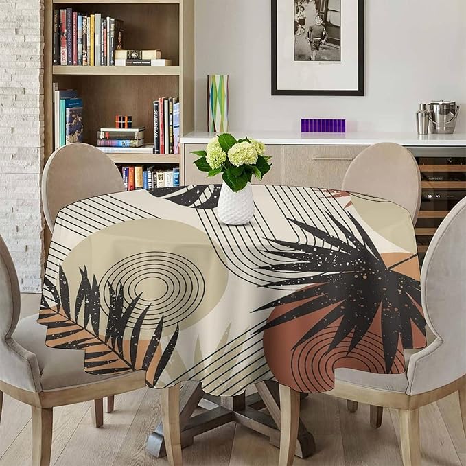 Boho Medieval Abstract Leaves Round Tablecloth, Mid Century Modern Bohemian Style Print Tablecloth for Home Party Dining Room Kitchen Decor 36Inch(90cm)