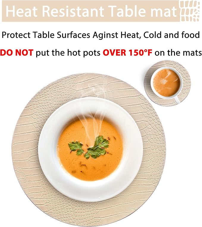 Jovono Round Leather Placemats for Round Tables Set of 6, Beige Place Mats and Coasters, Wipeable Waterproof Heat Resistant Table Mats Easy to Care for Indoor Decor 14 inch Diameter