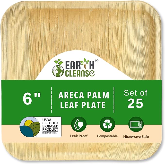Compostable Palm Leaf Plates 6 Inch Square (25 Pack) | Disposable Biodegradable Plates Like Bamboo & Wooden | Microwave & Oven Safe | Eco-Friendly