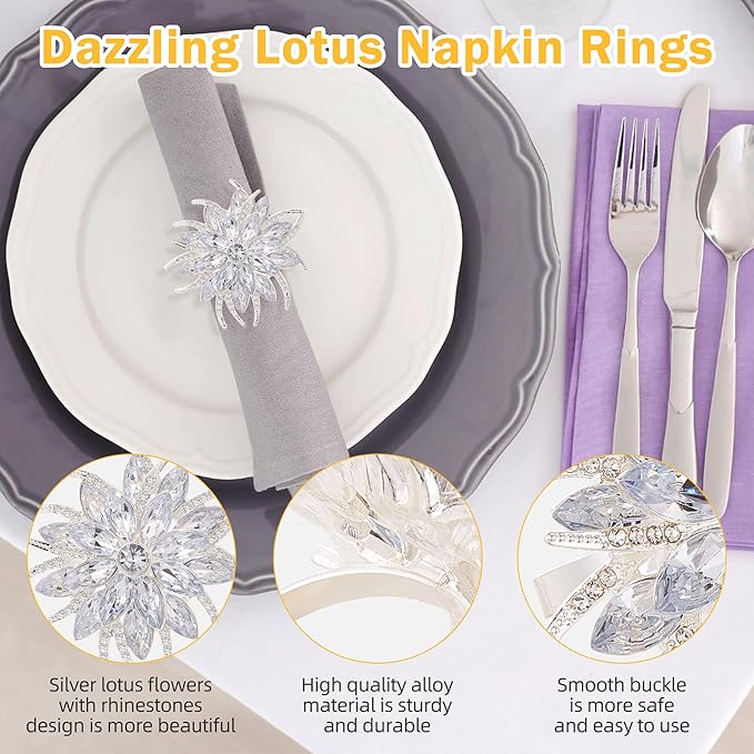 ZeeDix Christmas Flower Napkin Rings Set of 12, Silver Lotus Elegant Rhinestone Napkin Ring Serviette Buckles Holder for Wedding Birthday Christmas Holiday Party Home Kitchen Dinner Table Decoration