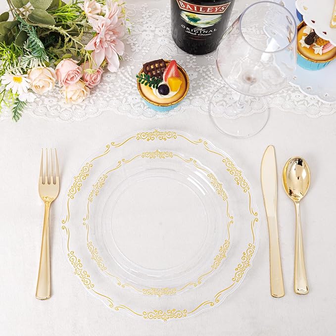 U-QE 100PCS Clear Gold Plastic Plates - Disposable Heavy Duty Clear Plates with Gold Rim Including 50PCS 10'' Dinner Plates & 50PCS 7.5'' Dessert Plates Perfect for Party, Weddings