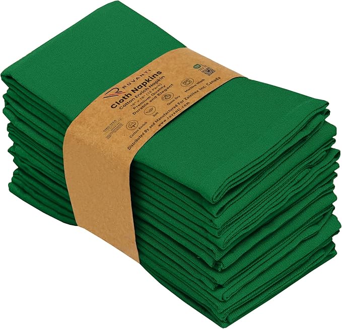 Ruvanti Cloth Napkins Set of 12, 18x18 Inches Napkins Cloth Washable, Soft, Durable, Absorbent, Cotton Blend. Table Dinner Napkins Cloth for Hotel, Christmas Parties, Restaurant, Wedding - Dark Green