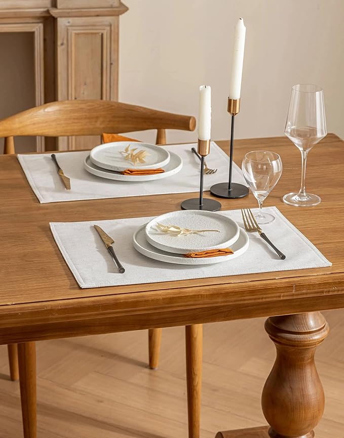 Natural Linen Blend Dinner Table Placemats Set of 4 Rectangle Cream Cloth Place Mats Heat Resistant Washable Durable Daily Use Table Protective 12x18 Inch