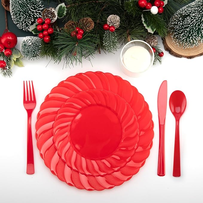 U-QE 100Pcs Red Plastic Plates - Red Scalloped Plastic Plates for Party - Heavy Duty Plate Disposable Include 50 6 '' Dessert Plate, 50 9 '' Dinner Plate Suite for All Occasions