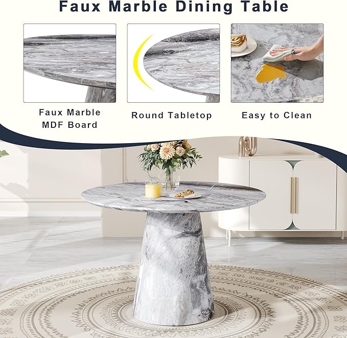 Round Dining Table Set for 4, 45" Modern Faux Marble Kitchen Table and Upholstered Chairs, 5 Piece Small Circle Dinette Set for Dining Room, Kitchen (Marble Gray Set)