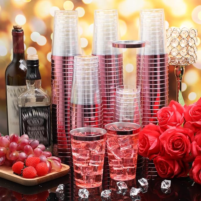 Patelai 100 Pcs Valentine's Day Plastic Cups 12 oz Pink Rimmed Plastic Cups Heavy Duty Disposable Wine Glasses Clear Pink Cocktail Glasses Drinking Tumblers for Galentines Day Party Wedding