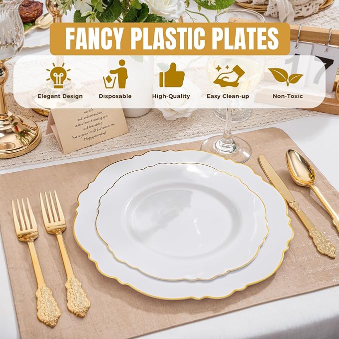 WDF 60pcs Gold Dessert Plates-7.5inch Baroque White and Gold Small Plastic Plates/Disposable Dessert/Salad/Appetizer Plastic Plate for Upscale Bridal Shower/Wedding/Birthday