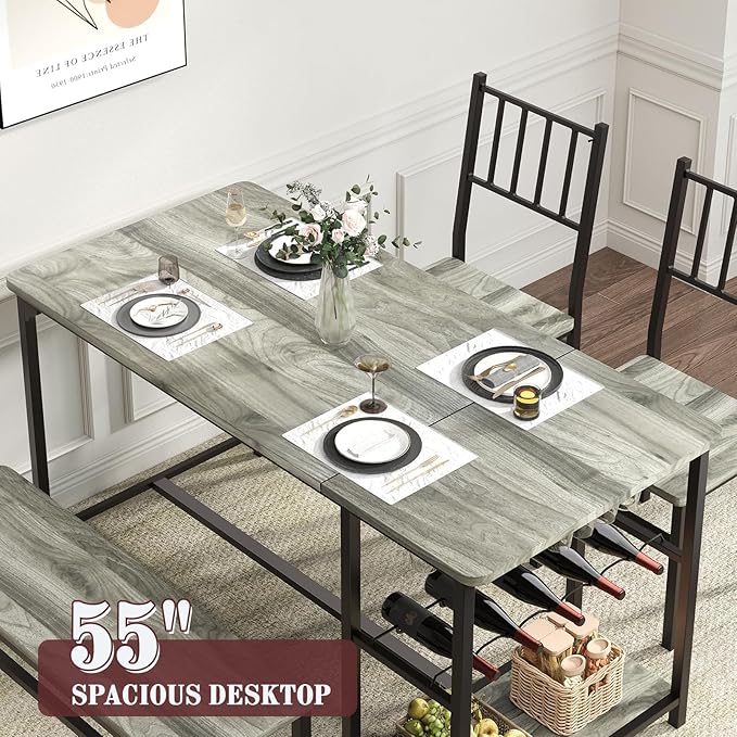 4 EVER WINNER Dining Room Table Set for 4, 55" Kitchen Table Set with Storage Shelf, Wine Rack & Wine Glasses Holder, Dining Table for 4 with Chairs and Bench for Dining Room, Kitchen, Grey