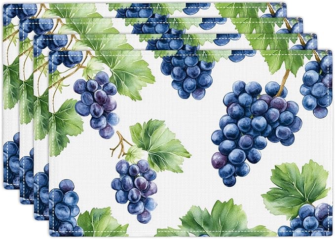 Grape Placemats Set of 4, Blue Grapes Place Mats, Fruit Waterproof Washable Table Mats for Home Party Indoor Kitchen Dining Table Decoration 12x18 Inch