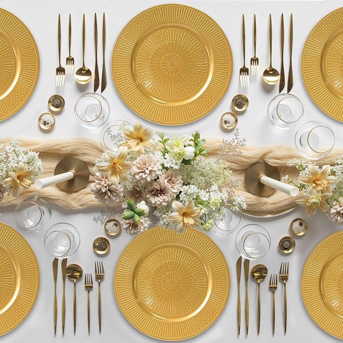 PROY 50 Pcs Gold Charger Plates Bulk, 13 Inch Beaded Gold Chargers for Dinner Plates Plastic Reusable Round Charger Platters for Table Setting, Wedding, Party, Event