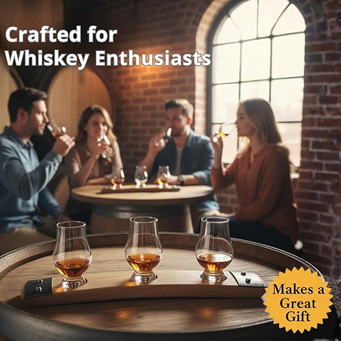 Premium Barrel Stave Whiskey Flight, includes 3 Crystal Glencairn Glasses (Natural with Glass)