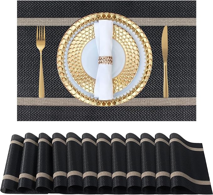 FAVE Placemats Set of 12 Black Placemats Woven with Golden Thread Vinyl Placemat for Wedding, Banquet, Birthday, Party, Restaurant Decorations(Black, 12"x18"-12PCS)