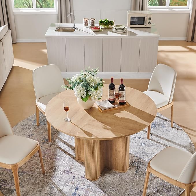 T4TREAM 47" Fluted Round Dining Table for 4-6, Mid-Century Modern Kitchen Table with Thickened Edge & Sturdy Pedestal Base for Kitchen Living Room,Natural Oak(Table Only)