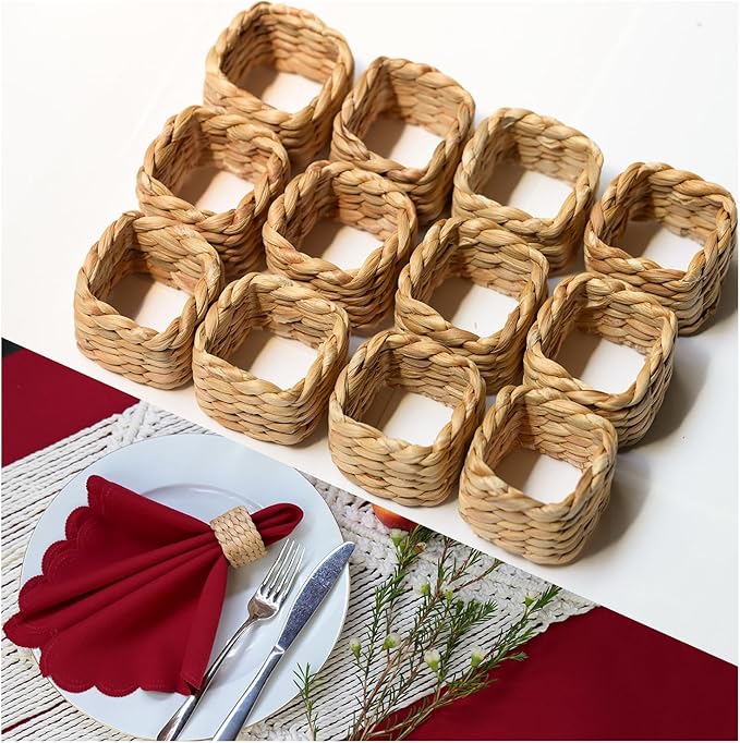 12 Pcs Square Woven Napkin Rings, Water Hyacinth Easter Napkin Rings Set Of 12, Anillos Para Servilletas De Tela, Boho Napkins Holder For Elegant Table Decoration, Christmas Table Decor, Wedding Decor
