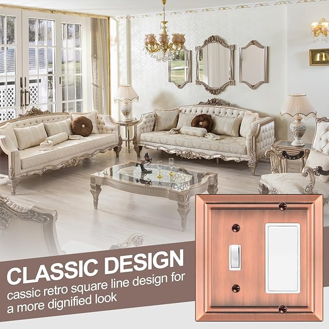 Metal Wall Plate for Electrical Outlets, Decorative Antique Copper Switch Plates Outlet Cover, Light Switch Cover Plate, 2-Gang Wall Plates (Toggle/Decorator, 2 Pack)