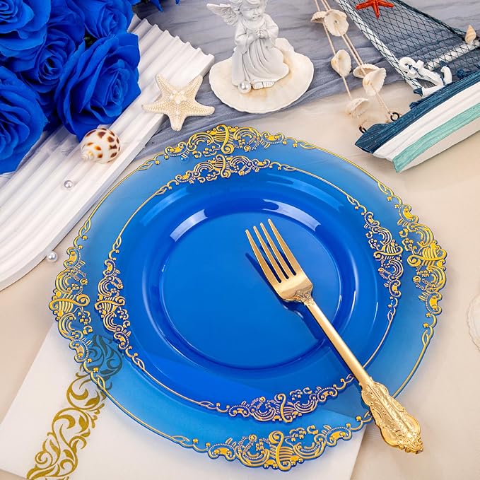Hioasis 210pcs Blue and Gold Plates - Blue Party Plates for 30 Guest, Include 60 Heavy-duty Plates(20% Thicker Than Standard), 30 Pre Rolled gold Plastic goldware Set, 30 Cups