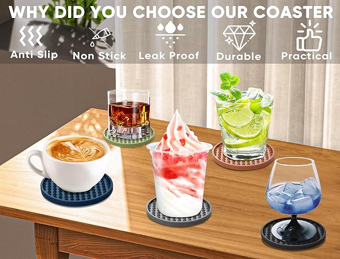 Coasters for Drinks 6 Pcs Drink Plastic Coaster with Holder,Heat Resistant Silicone Cup Mat Tabletop Protection,Non-Slip Rubber Coasters for Kinds of Cups (Black)