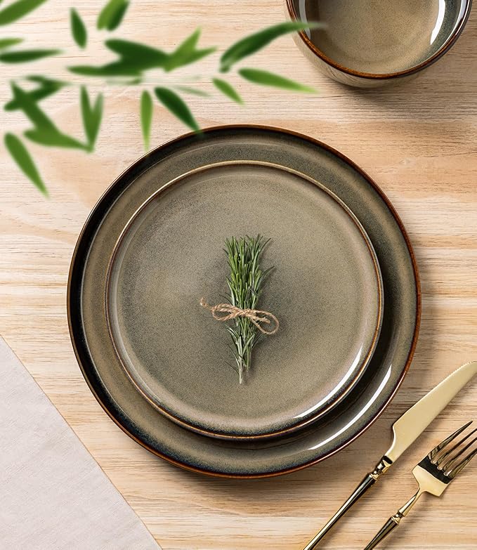 TheTerra Ceramic Dinnerware Sets for 8, 24 Pieces Handmade Reactive Glaze Plates and Bowls Set, Scratch Resistant Dish Set, Oven & Microwave & Dishwasher Safe, Cocoa Clay
