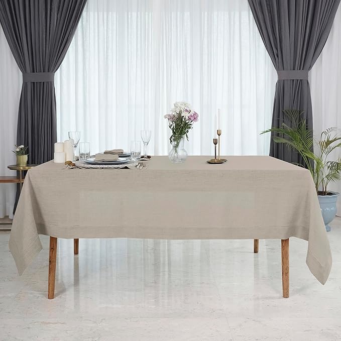 D'Moksha Homes Natural Linen Tablecloth for Rectangle Tables 60 x 102 Inch - Classic Hemstitch 100% Pure Linen Natural Table Cloth - Machine Washable Dining Tablecloth for Valentines, Spring, Easter