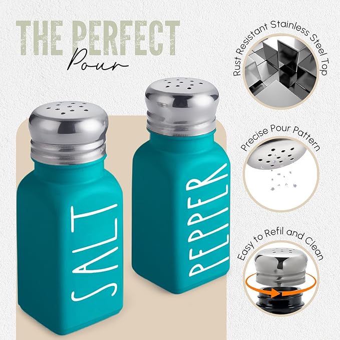 Teal Salt and Pepper Shakers Set with Holder by Brighter Barns - Turquoise Kitchen Decor and Accessories - Cute Salt and Pepper Set with Caddy - Modern Farmhouse Glass Shakers for Dining Table (Teal)