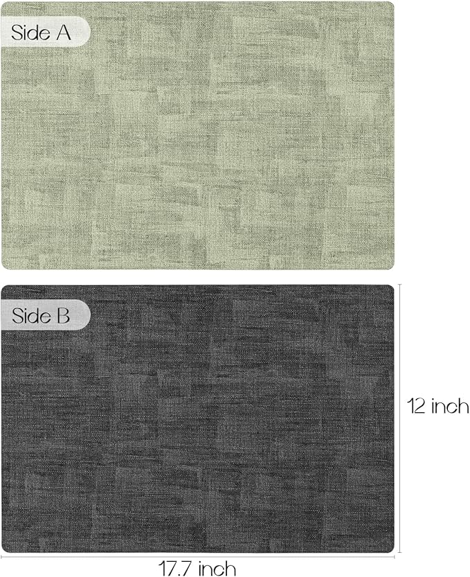 Romanstile Sage Green Placemats Set of 6, Vinyl 100% Waterproof Oil-Proof Wipeable Place Mats, Heat Resistant Dual Sided Table Mats for Kitchen/Dining/Party (Grey Green, 12 x 17 Inch)