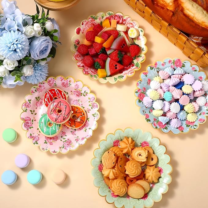 Pasimy 64 Pcs Floral Vintage Plates Paper Tea Party Tableware Set 9 Inch and 7 Inch Plates for Tea Party Birthday Baby Shower Wedding Bachelorette Party Supplies(Rose)