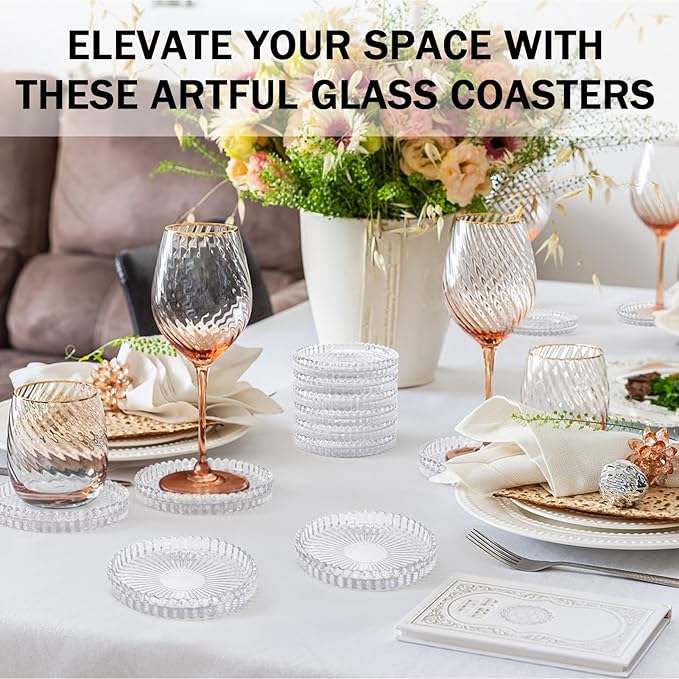Modern Glass Coasters, GOH DODD Set of 6 Crystal Coasters Tabletop Protection for Drinks, Home Decor, Kitchen, Living Room, Patio, Wedding, Party, Housewarming Gifts, Clear