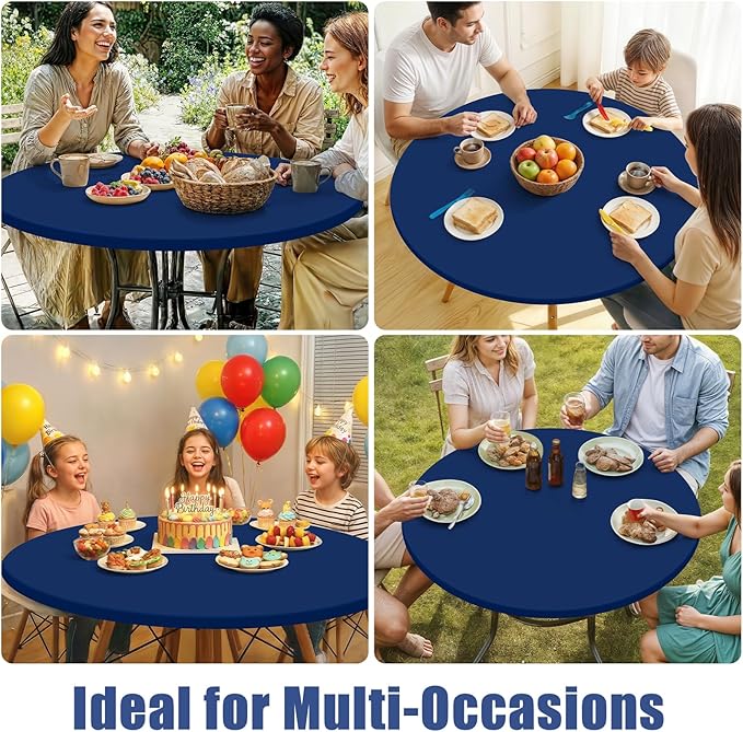 Round Spandex Tablecloth, Elastic Fitted Waterproof Tablecloths for 57"-68" Tables, Stretch Washable Picnic Table Cover for Camping, Dining, Indoor and Outdoor, Navy