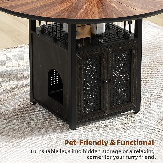 VFK 47" Round Dining Table Set for 4-6 People, Solid Wood & Metal Table with Storage Shelf, Walnut Kitchen & Dining Room Furniture (Cat Table)