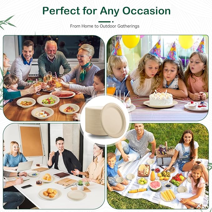 10 Inch 128 Pack Compostable Disposable Paper Plates, Large Round Dinner Plates, Heavy Duty Sugarcane Bagasse, Biodegradable Eco-Friendly for Parties & Daily Use, Natural