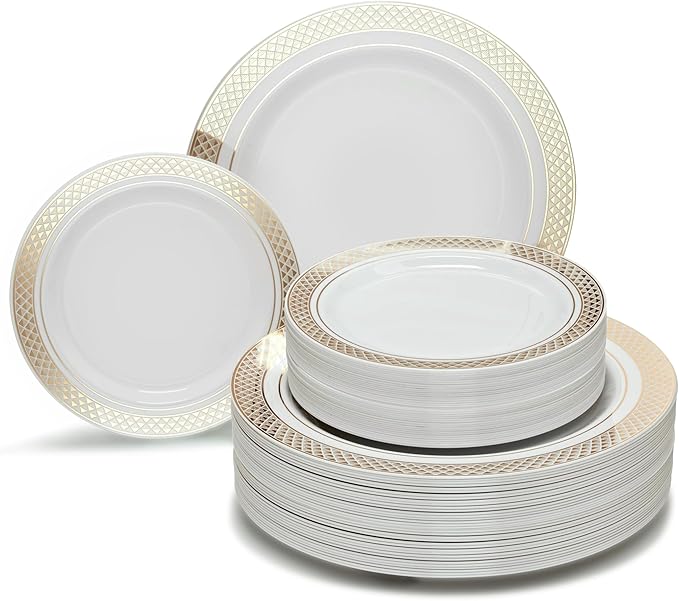 OCCASIONS 120 Plates Pack,(60 Guests) Heavyweight Premium Wedding Party Disposable Plastic Plates Set -60 x 10.5'' Dinner + 60 x 7.5'' Salad/Dessert (Celebration White & Gold)
