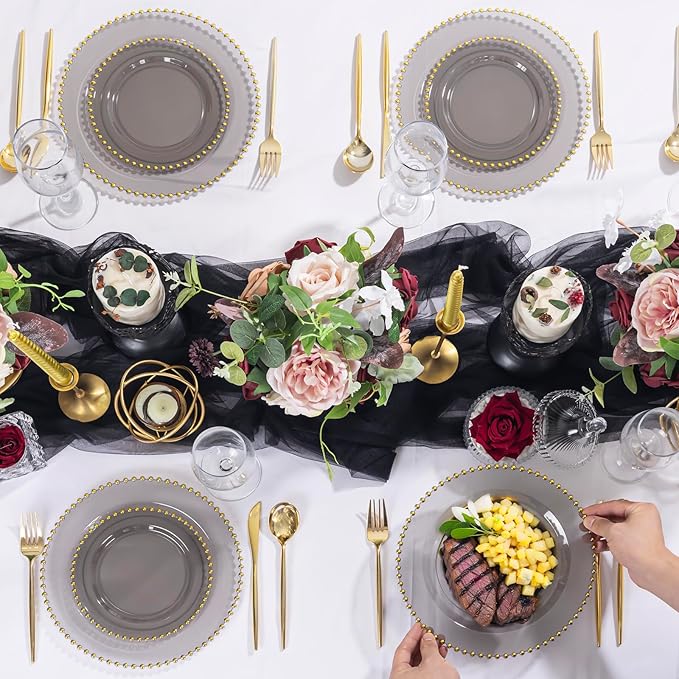 EI 60pcs Clear Black and Gold Plastic Plates Disposable Plates Heavy Duty,10.25" Dinner & 7.5" Dessert Clear Black Plate Perfect Wedding,Party,Birthday,Anniversary,Business Events