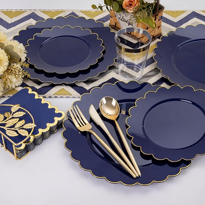 LIYH 210 Pcs Navy Blue Plates - Blue and Gold Plastic Scalloped Heavyduty Plates Disposable Dinnerware set, Gold Plastic Silverware for Wedding & Party 30 Guests