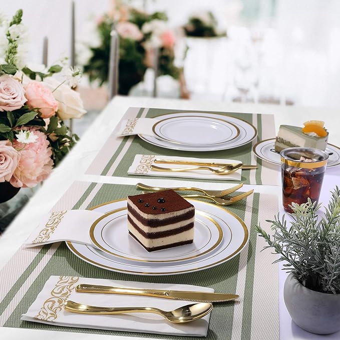 FOCUSLINE 350 Ct Disposable Dinnerware Set for 50 Guests -Heavy Duty Plastic Plates with Gold Rim, Includes 50 Dinner & Salad Plates, Cups, Napkins, Cutlery Set