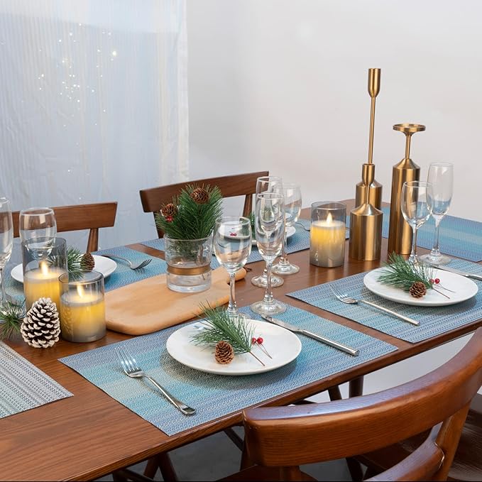 Winknowl Placemats Set of 6, Washable Vinyl Woven Placemats, Heat Resistant & Wipeable Table Mats for Kitchen Dining Table (Blue)