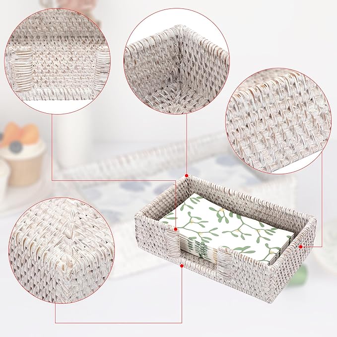 Sumnacon Napkin Holder,Rattan Napkin Holder Table,Wicker Guest Towel Holder for Hand Towel Napkin,Rectangle Napkin Basket for Bathroom Toilet Kitchen Dining Table Counter,Whitewash