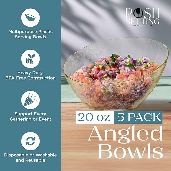 Posh Setting Gold Plastic Serving Bowls - Angled, Disposable for Chips, Candy, Salad, Fruit - Wedding Party Table - Gold Glitter, 20 OZ, 5 Pack