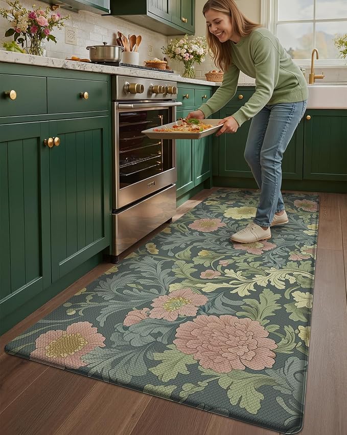 Color&Geometry Floral Kitchen Mat 24"x87", Anti Fatigue Kitchen Mats for Floor, Kitchen Rugs Non Slip, Waterproof & Oil Proof Padded Runner for Standing Desk Office, Sink - Dusty Blue