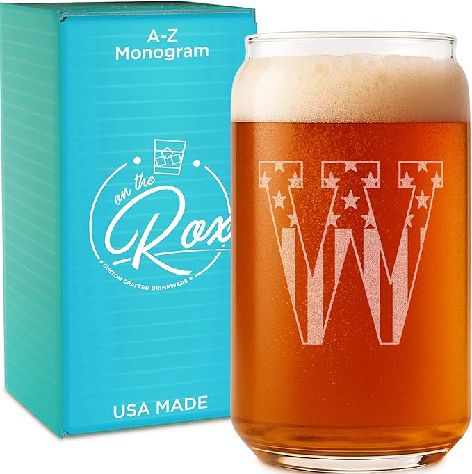 Monogram Beer Glasses for Men (A-Z) 16 oz - Beer Gifts for Men Brother Son Dad Neighbor - Unique Gifts for Him - Personalized Drinking Gift Beer Glass Mugs - Engraved Beer Can Glass (W)