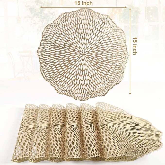 Placemats Set of 6, Round Placemats Gold 15 Inch Washable Vinyl Place Mats Dining Table Mats for Anniversary Wedding Party Kitchen Decorations