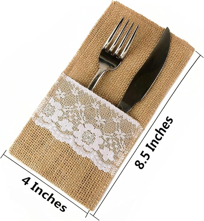 TM 100 Pack Natural Burlap Cutlery Holder Pouch Bag 4x8.5 Inch with Lace Silverware Napkin Holders Wedding Party Bridal Shower Table Setting Table Decoration